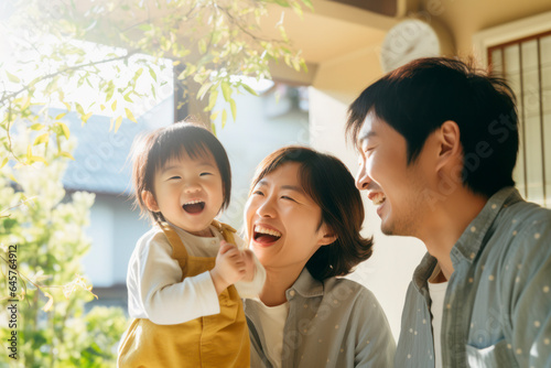 A joyful Japanese family of three enjoys quality time at  home, radiating love, and happiness in a beautiful outdoor portrait