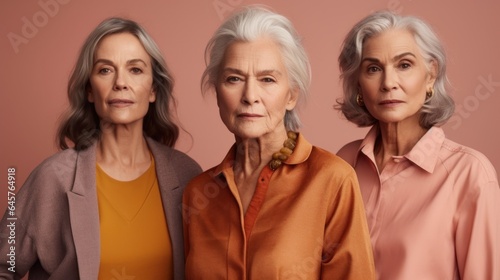 Diverse senior women display anger in a studio, wearing neutral clothes and grey hair. Generative AI
