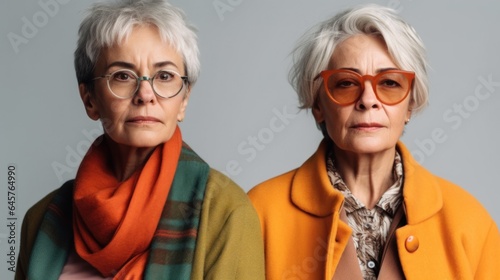 Senior women, showing anger, diverse skin tones, grey hair, neutral clothes, studio shot. Generative AI
