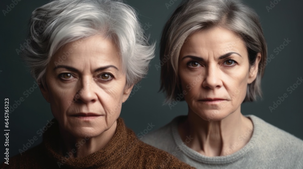 Studio photo of two seniors, both showing anger, with different skin tones and fashionable grey hair. Generative AI Studio photo of two seniors, both showing anger, with different skin tones and fashionable grey hair. Generative AI