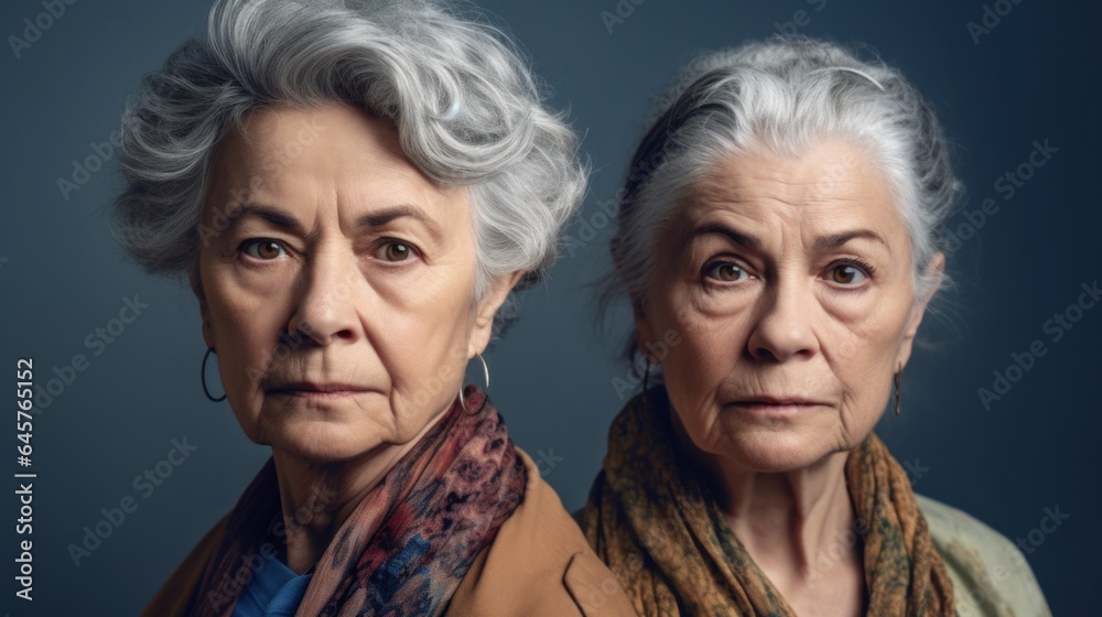 A studio shot capturing two senior women displaying anger, each with unique skin tones. Generative AI A studio shot capturing two senior women displaying anger, each with unique skin tones. Generative AI