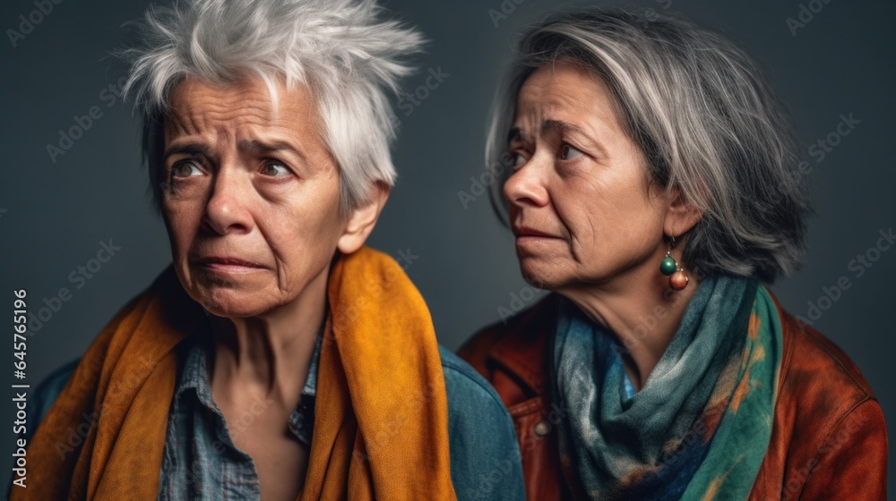 Diverse elderly women, sporting stylish grey hair and neutral attire, exhibit expressions of sorrow against a studio backdrop. Generative AI Diverse elderly women, sporting stylish grey hair and neutral attire, exhibit expressions of sorrow against a studio backdrop. Generative AI