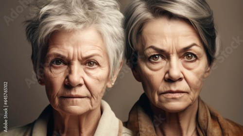 Two senior women in a studio, both with stylish grey hair, showing anger. Generative AI