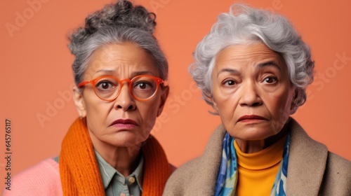 Studio image of two senior women, both showcasing anger, with diverse skin tones and grey hair. Generative AI