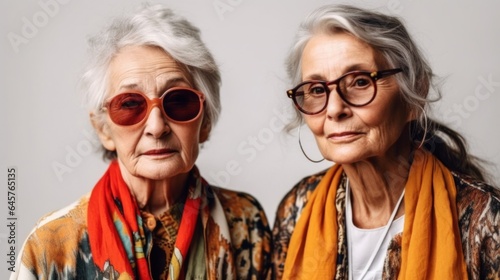 Two angry senior women with diverse skin tones and stylish grey hair  wearing neutral clothes in a studio scene. Generative AI