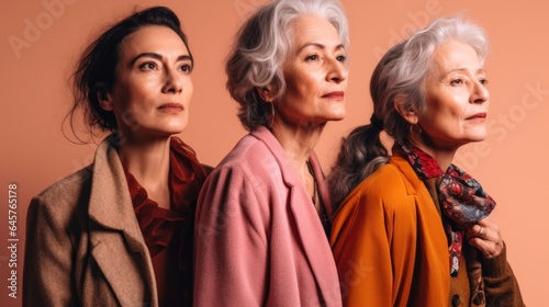 A collection of aged women, each with their distinct ethnicity, donning stylish grey hair and somber expressions in a studio setting. Generative AI