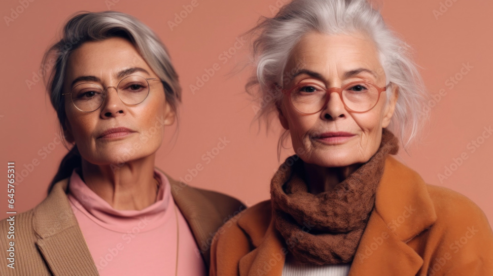 Two tired elderly women, representing various skin tones, stylish grey hair, and neutral attire, photographed in a studio environment. Generative AI Two tired elderly women, representing various skin tones, stylish grey hair, and neutral attire, photographed in a studio environment. Generative AI