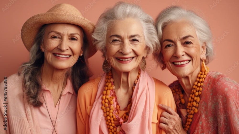 Two delighted senior women, displaying different skin tones, fashionable grey hair, and neutral outfits, captured in a studio. Generative AI