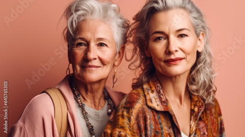 Weary elderly women, representing various skin tones, stylish grey hair, and neutral outfits, photographed in a studio setting. Generative AI