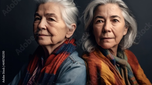Two weary senior women, distinct in skin tones, chic grey hair, neutral outfits, in a studio. Generative AI