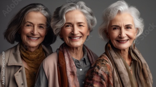 A studio shot capturing two delighted senior women, each with their unique skin tones, donning chic grey hair and neutral clothing. Generative AI