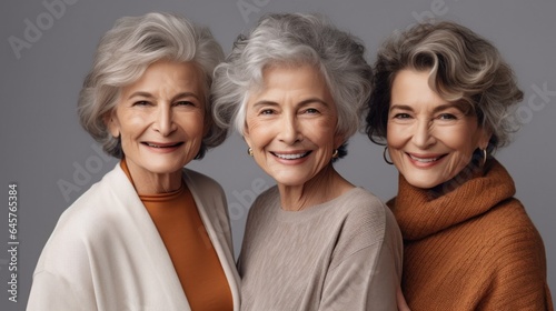 Senior women beaming with joy  representing different skin tones  stylish grey hair  and neutral attire  photographed in a studio setting. Generative AI