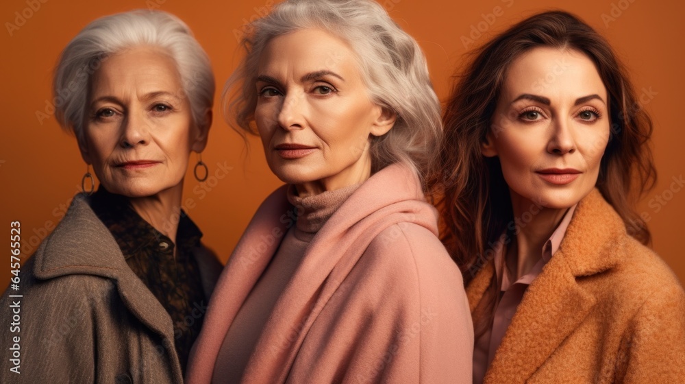 Disheartened senior women, diverse in skin tones, with chic grey hair and neutral attire, in a studio. Generative AI