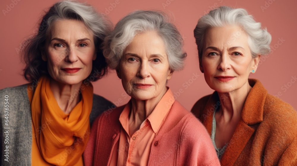A studio photo of distressed elderly ladies, each with unique skin tones, stylish grey hair, and neutral clothing. Generative AI A studio photo of distressed elderly ladies, each with unique skin tones, stylish grey hair, and neutral clothing. Generative AI