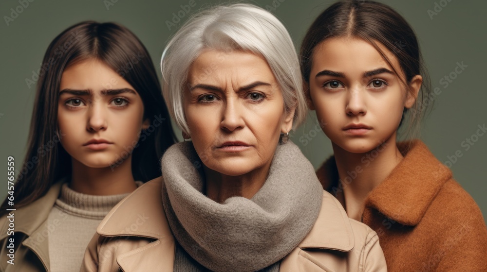 Sad senior women, diverse in skin tones, with chic grey hair and neutral attire, in a studio. Generative AI Sad senior women, diverse in skin tones, with chic grey hair and neutral attire, in a studio. Generative AI