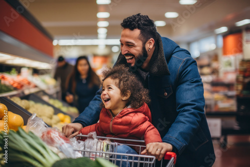 father and happy children exploring fresh and healthy options with a loving ,A cheerful family enjoys shopping together in a supermarket,banner