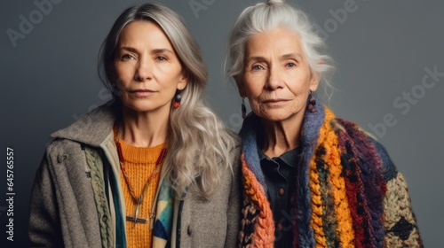 Two senior women with somber expressions, featuring varying skin tones, stylish grey hair, and neutral outfits, in a studio backdrop. Generative AI