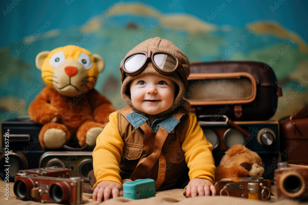 aviator baby boy with a dream in his eyes with pilot hat , ready for a summer adventure with his toy plane, symbolizing imagination and freedom in childhood