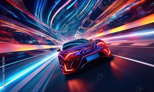Futuristic car speeding through neon-lit tunnel.