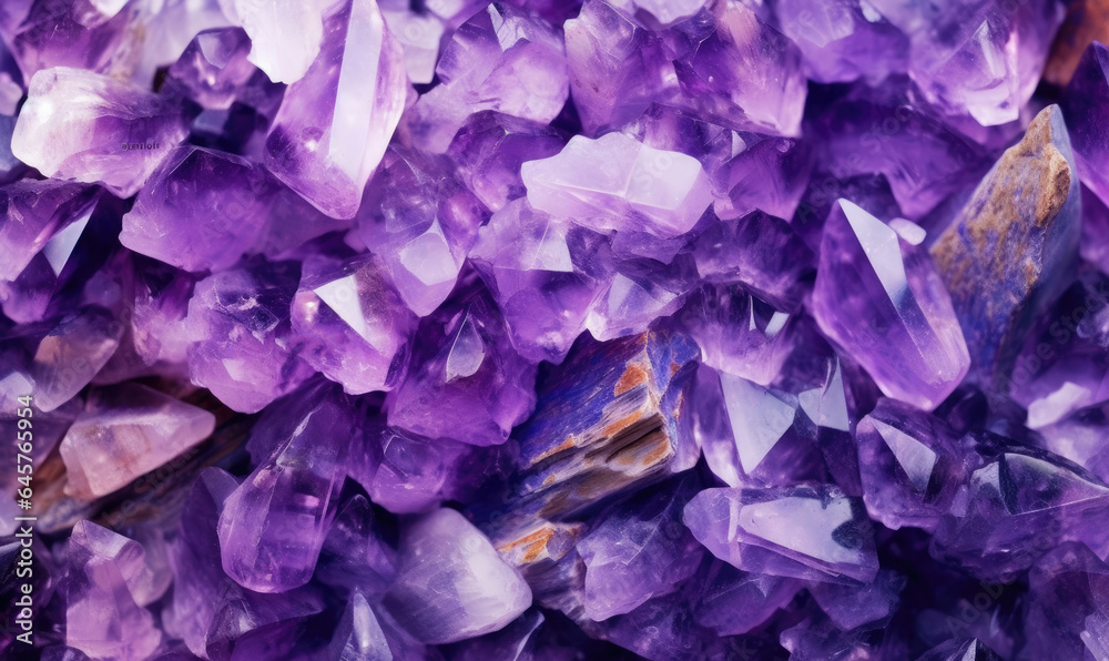 Fototapeta premium Amethyst stones Background. Purple minerals wallpaper.