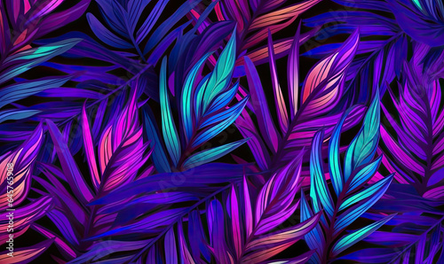 Tropical leaves wallpaper. Colorful neon abstract foliage background.