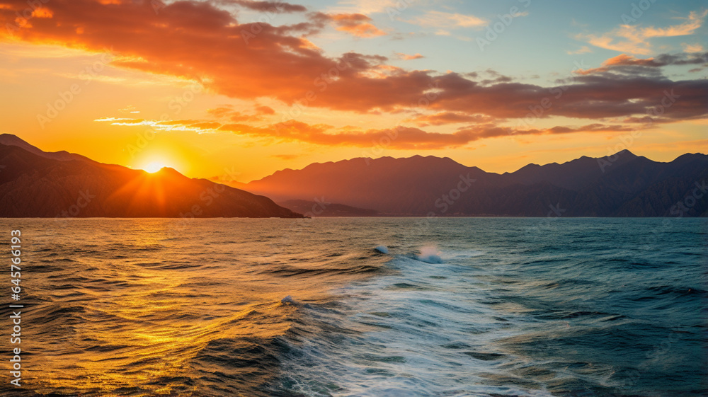 Sunset over the Ocean with Mountains
