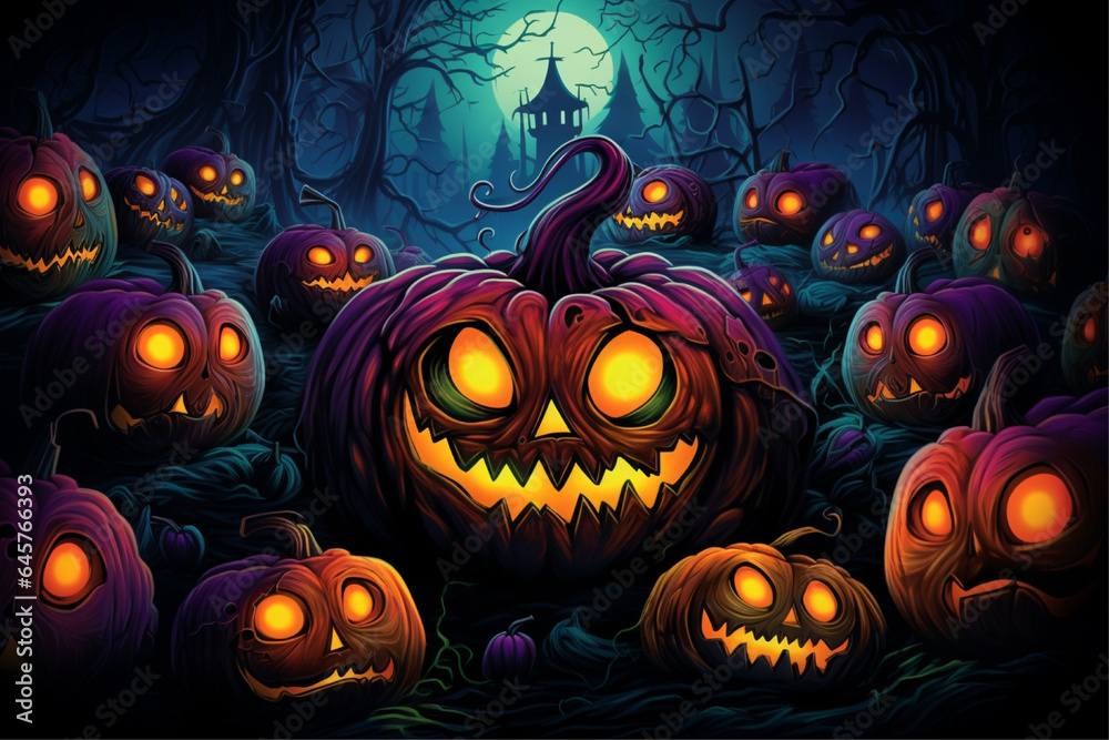 halloween pumpkin background, colorful pumpkins with evil eyes with a black background