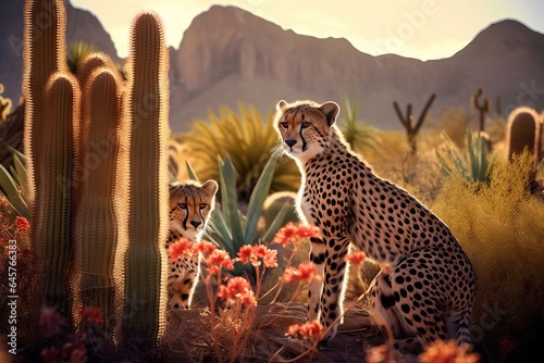 Free cheetah on a mound watching around in serengeti Generative AI
