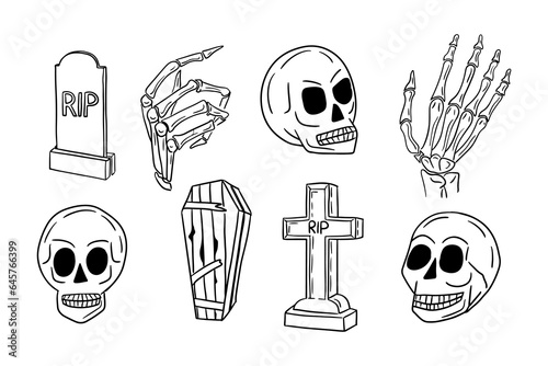 Sketch outline hand drawn horror halloween set. Outline doodle skulls, skeleton hands, tombstone and coffin on white background. Minimalistic Halloween design for coloring pages, stickers, tatoo.