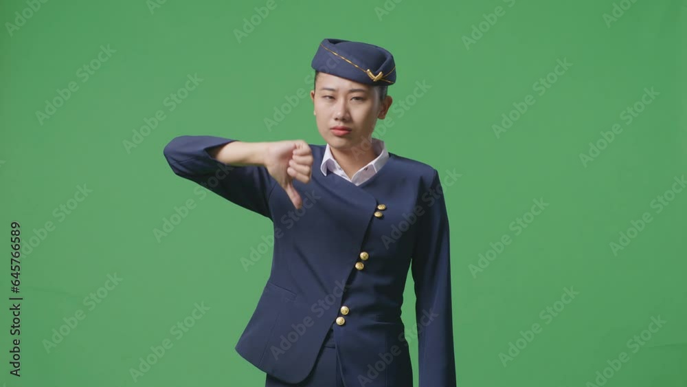 Asian Woman Air Hostess Showing Thumbs Down Gesture To Camera While Standing In The Green Screen Background Studio
