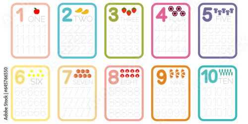 Numbers learning cards. Kindergarten flashcards with numbers, learning and spelling from 1 to 10 vector with illustration set