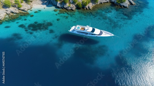 Aerial drone top down of luxury boat in blue sea © thesweetsheep