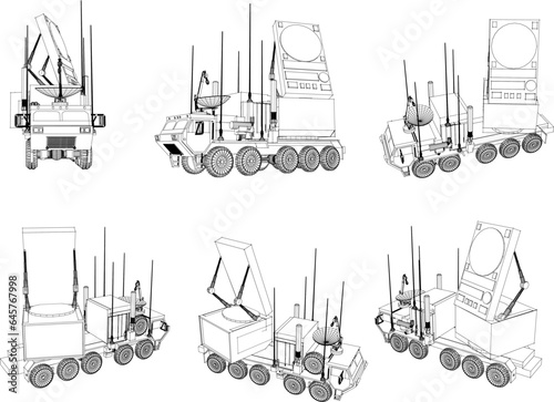 Vector illustration sketch detailed design of enemy aircraft detection radar carrier combat vehicle