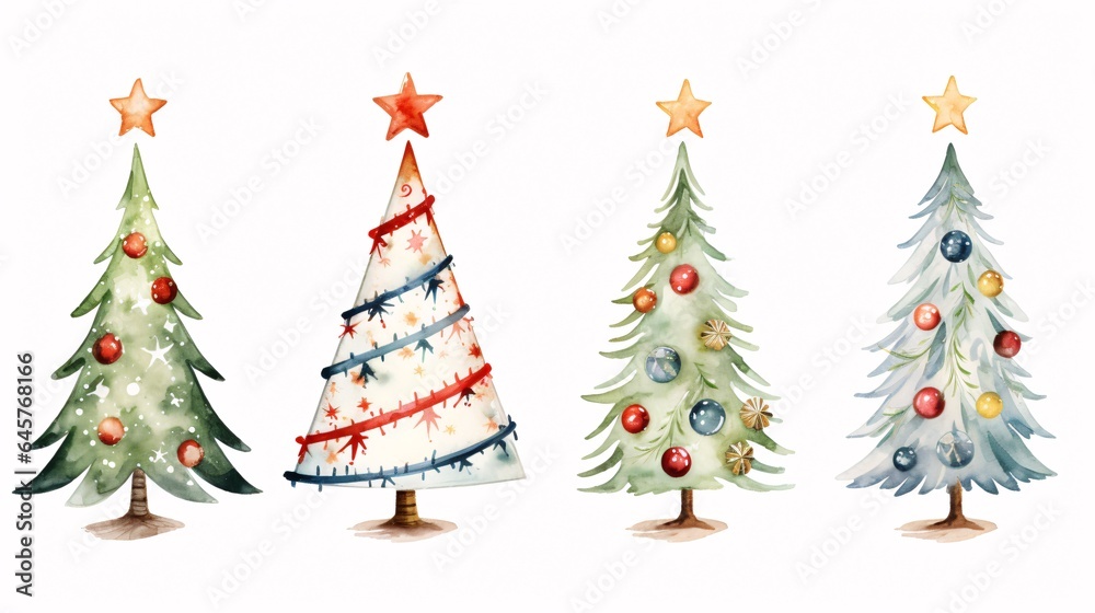 Set of watercolor cartoon christmas trees with decorations. Hand drawn illustration isolated on white background