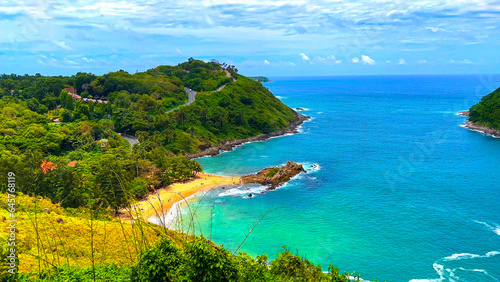Ya Nui Beach and Nai Harn Beach in Phuket Thailand, turquoise blue waters, lush green mountains colourful skies. Phuket is a tropical island many palms teaming with wildlife and sea fisheries  photo