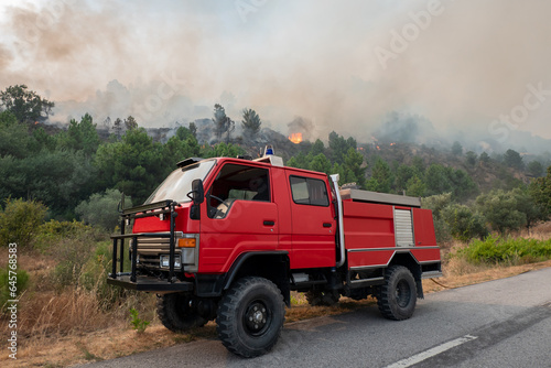 Viatura dos bombeiros junto à estrada na luta de um incêndio florestal com grandes labaredas que vão deixando uma grande nuvem de fumo no ar © LuIvDa
