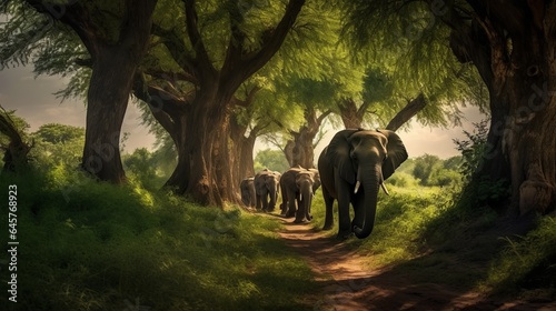 Free Group of elephants walking on the dry grass Generative AI