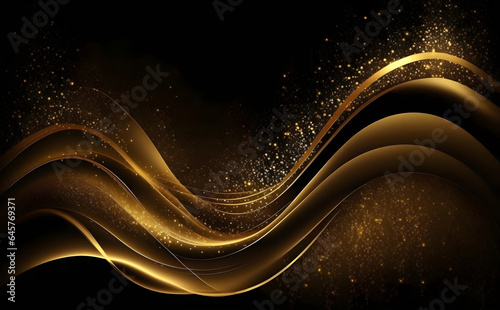 Abstract gold wave with yellow sparkle on dark background, Generative AI