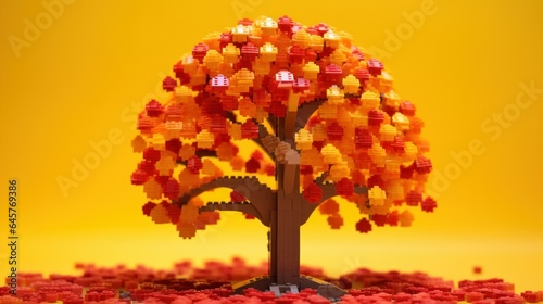 Autumn tree made of plastic construction blocks on yellow web banner. Toy trees made of childrens blocks on a yellow background