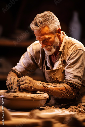 skillful potter in an apron shaping clay on a wheel