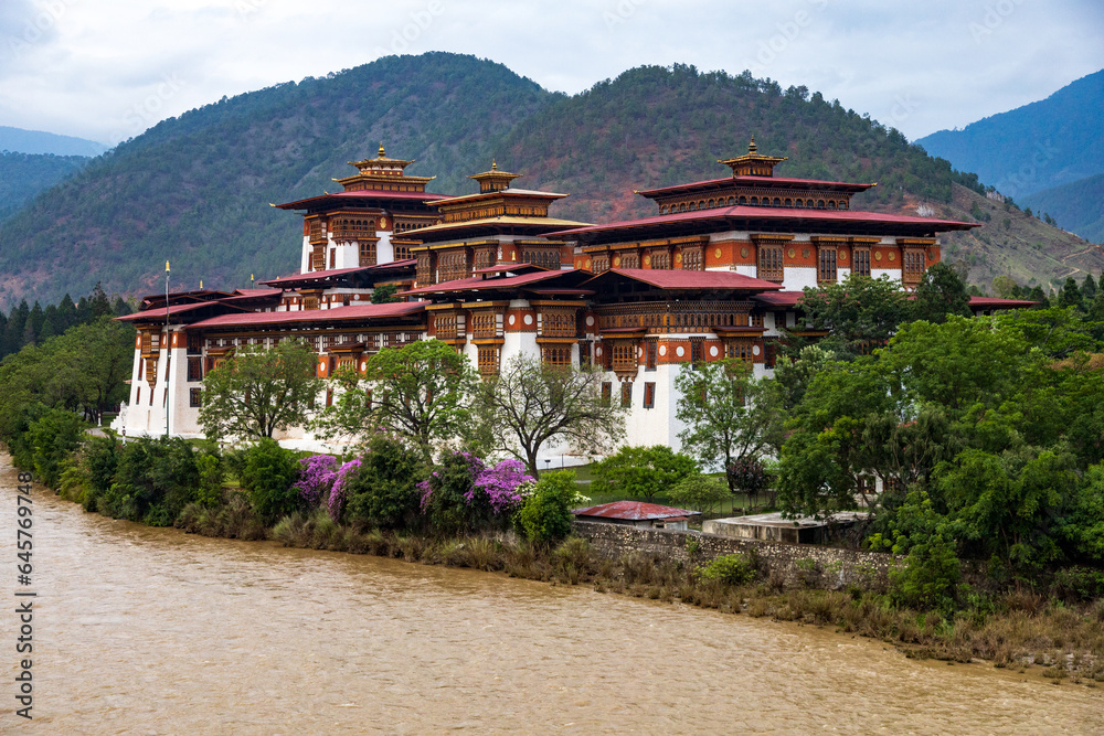 View of Punakha Dzong located next to Mo Chhu river in Bumthang district of Bhutan.