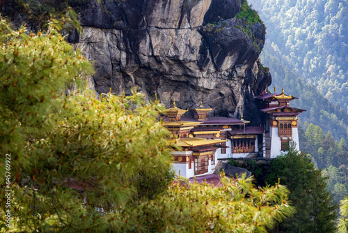 Scenic view of the sacred Paro Taktsang monastery (Tiger’s Nest buddhist temple) on the cliffside of Paro valley in Bhutan