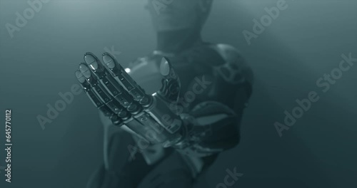 Futuristic Robot offering an arm, opening palm, giving arm inviting handshake, friandly machine learning conceptual design about AI domination, depth of field 