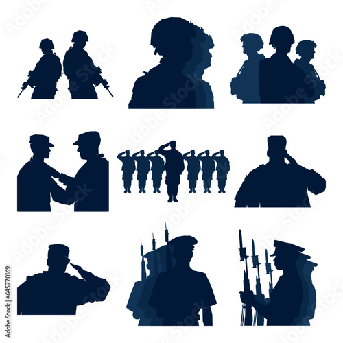 Set of soldiers military silhouette pose collection. Salute, honoring all who served, US army veteran day. Vector illustration