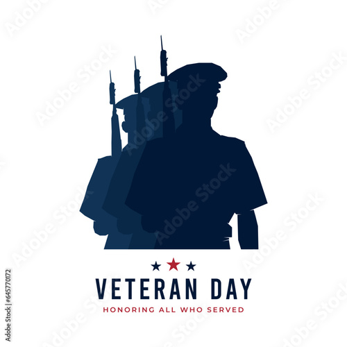Veteran day logo design. Parade march of US soldiers army carrying weapons silhouette. Vector greeting illustration