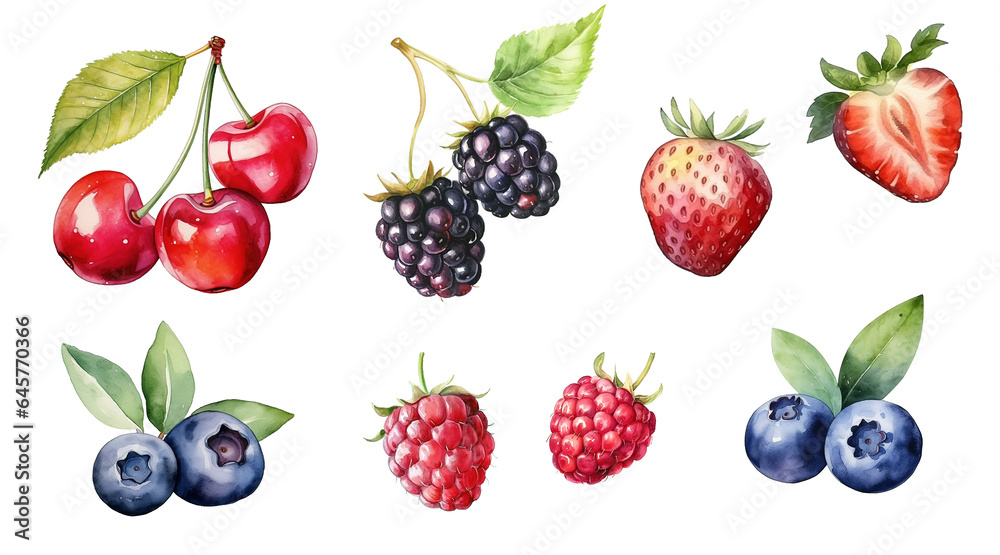 Set of watercolor berries isolated on white background. Set of watercolor berries isolated on white background.