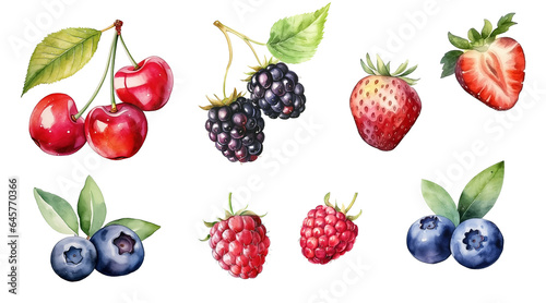 Set of watercolor berries isolated on white background.