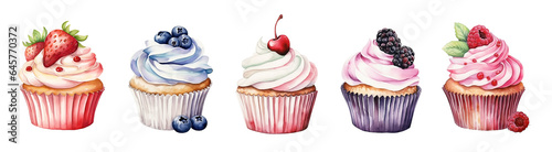 Set of watercolor cupcakes with berries isolated on white background.