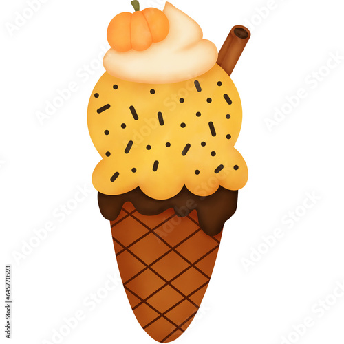 Watercolor Autumn Pumpkin Dessert. Pumpkin Ice Cream.