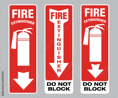 Set of 3 Fire Extinguisher Signs with Do not block caution text and the bottom